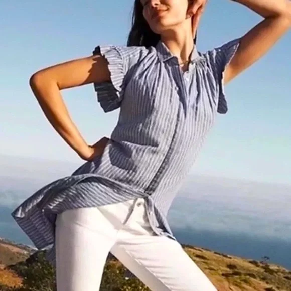 Isabella Sinclair Anthropologie Piper Blue Striped Shirt Dress - Picture 3 of 15